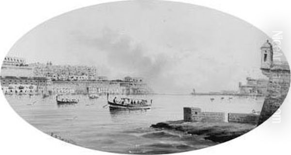 Fishing Vessels In Valetta Harbour, Malta; And Sailing Vessels Leaving Valetta Harbour Oil Painting by Vincenzo D Esposito