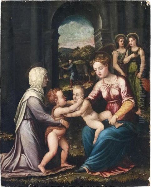 Madonna Col Bambino, Sant'elisabetta E S. Giovannino Oil Painting by Girolamo da Carpi