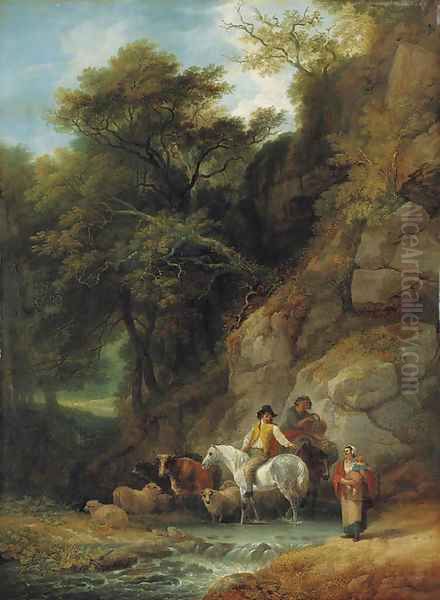 Figures and livestock at a woodland pool in Hawkstone Park, Shropshire Oil Painting by Francis Wheatley