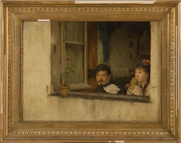 A Young Man And Woman Gaze Out A Window Oil Painting by Pascal-Adolphe-Jean Dagnan-Bouveret