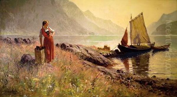 Norwegian Lakeside Landscape With Figures Oil Painting by Hans Dahl