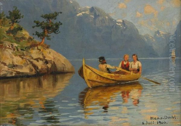 Fjordlandskap Med Sallskap I Roddbat Oil Painting by Hans Dahl