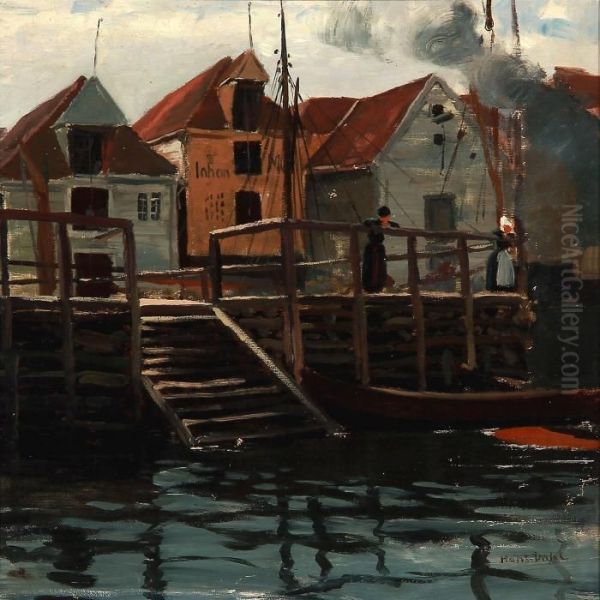 Two Women At Bergen Harbour Oil Painting by Hans Dahl