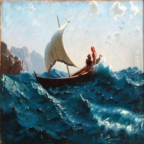 A Girl And A Fisher In A Boat In High Waves Oil Painting by Hans Dahl