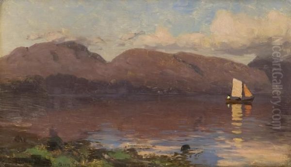 Solnedgang Sognefjord Oil Painting by Hans Dahl