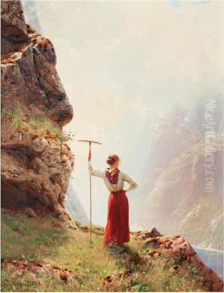 Flicka I Fjordlandskap Oil Painting by Hans Dahl