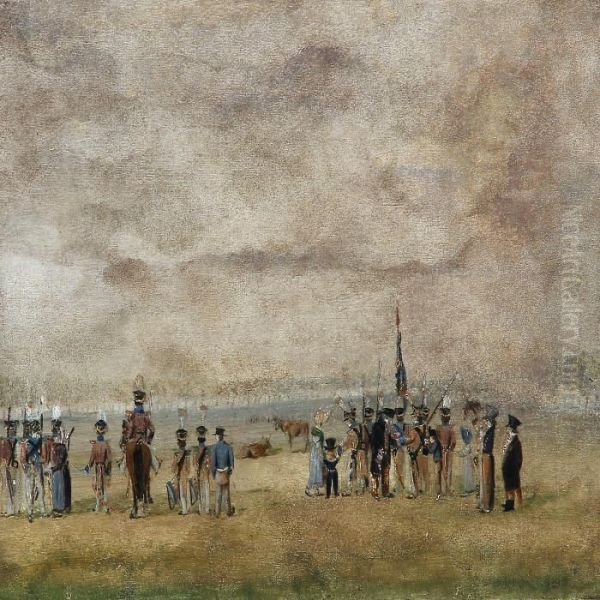 Copenhagen Militia At The Eksercising Ground Oil Painting by Johan Wilhelm Ludwig Dahl