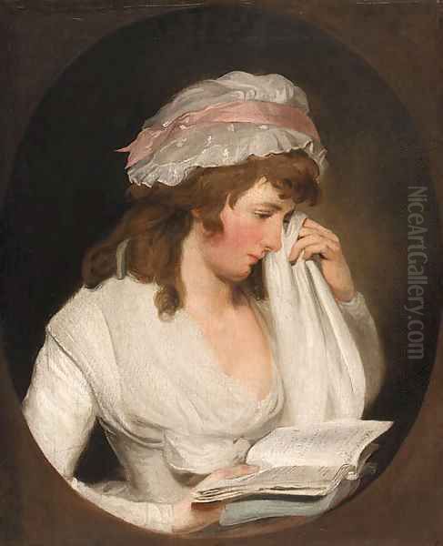 Portrait of a young lady, half-length, in a white dress and cap bonnet reading from Romeo and Juliet, feigned oval Oil Painting by Francis Wheatley