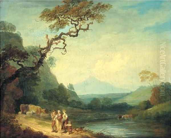 A river landscape with figures and cattle on a road Oil Painting by Francis Wheatley