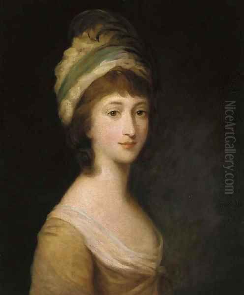 Portrait of Miss Anne Crawley, bust-length, in a yellow dress and feathered cap Oil Painting by Francis Wheatley