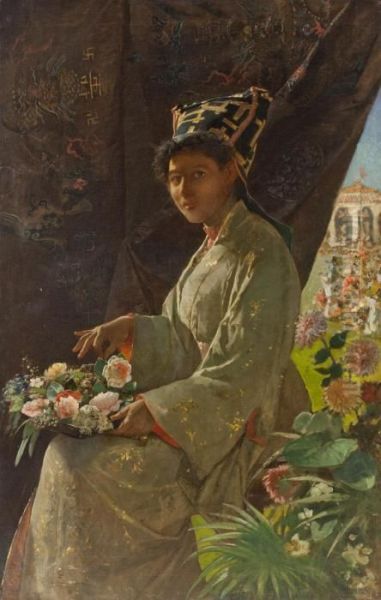 Fanciulla Orientale Con Fiori Oil Painting by Edoardo Dalbono