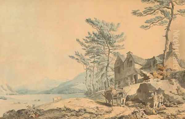 View of Coniston Water, Cumbria, with figures and a farm-cart in the foreground Oil Painting by Francis Wheatley