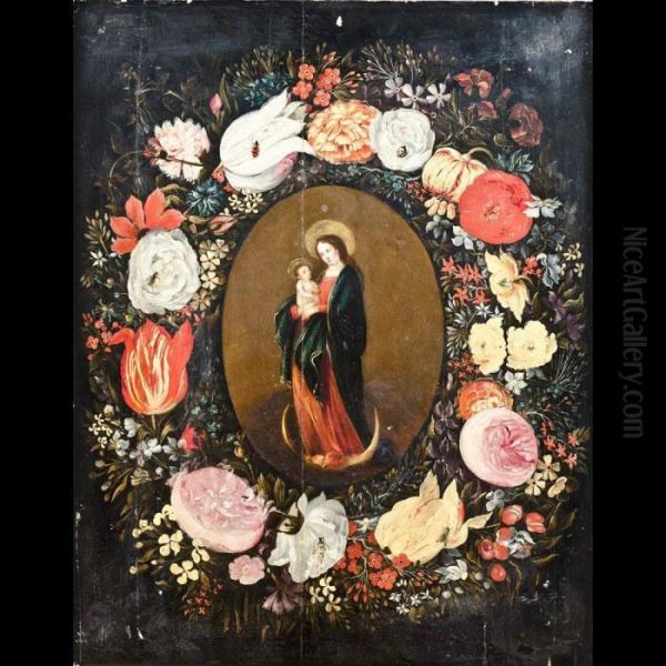 Madonna Col Bambino Entro Ghirlanda Di Fiori Oil Painting by Andries Daniels