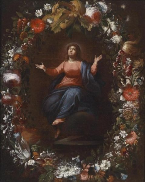 The Assumption Of The Virgin Enclosed By A Wreath Of Flowers Oil Painting by Andries Daniels