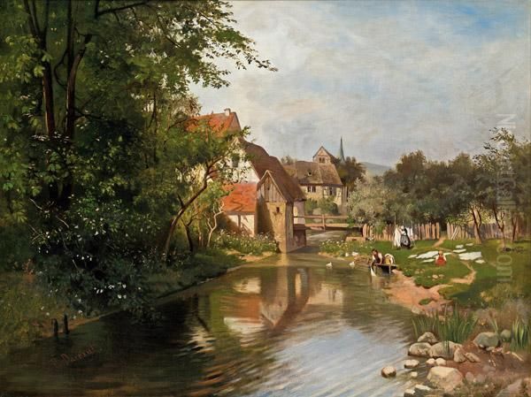 Am Dorfbach (waschtag) Oil Painting by Hugo Darnaut