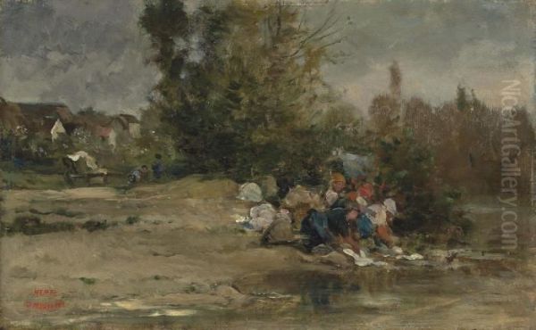 Lavandieres Oil Painting by Charles-Francois Daubigny