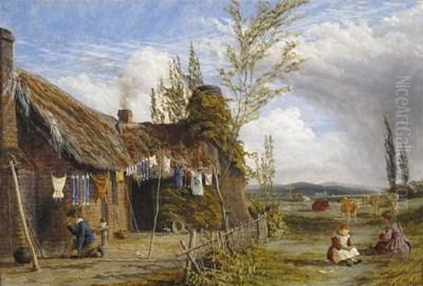 A Rural Cottage With Children And Cattle Oil Painting by Alfred Dawson