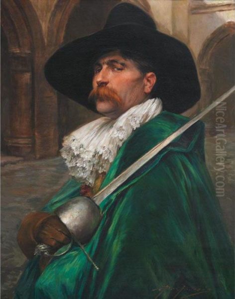 Musketeer In A Green Cape On Guard Oil Painting by Alex De Andreis