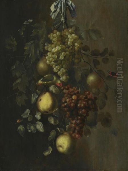 A Festoon Of Grapes, Apples And 
Pears Hanging From A Nail, With Snails, Butterflies And A Parrot by Gillis Gillisz. de Bergh