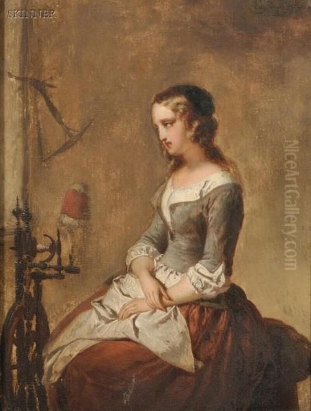 Woman Seated Beside A Spinning Wheel Oil Painting by Eugene Francois De Block