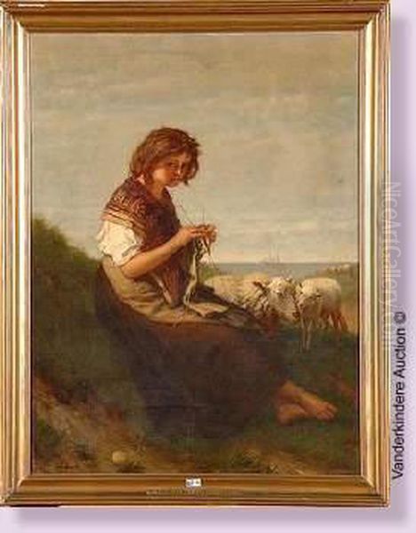 Jeune Bergere Et Son Troupeau Au Bord De La Mer Oil Painting by Eugene Francois De Block