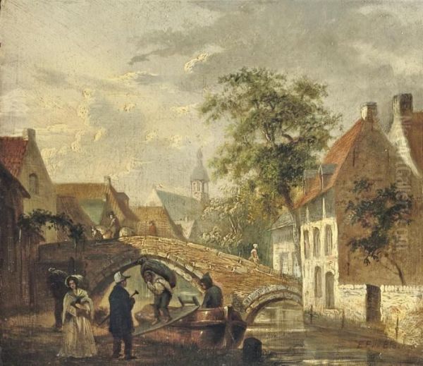 Townview With Figures On A Bridge Oil Painting by Eugene Francois De Block