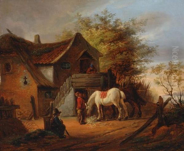 A White Horse And Somefigures By A Farm Oil Painting by Eugene Francois De Block