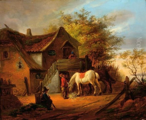 A White Horse And Some Figures By A Farm Oil Painting by Eugene Francois De Block