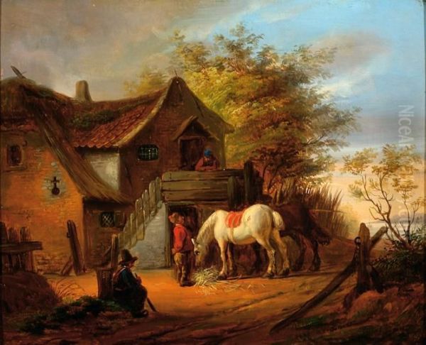 A White Horse And Several Figures By A Farm Oil Painting by Eugene Francois De Block