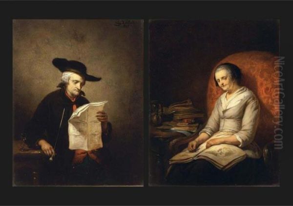 Portrait Of A Man And A Woman Reading (a Pair) Oil Painting by Eugene Francois De Block