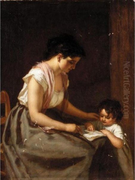 The Reading Lesson Oil Painting by Eugene Francois De Block