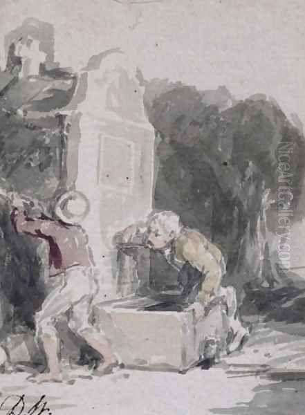 Boys Playing by a Fountain Oil Painting by Sir David Wilkie