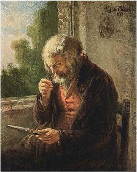 An Old Man Reading Oil Painting by Eugene Francois De Block