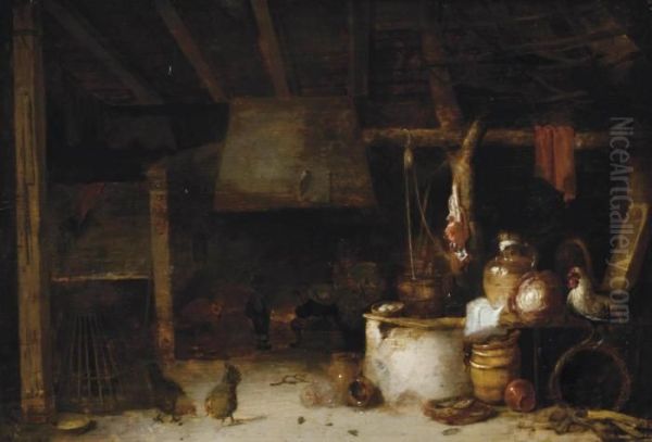 Figures By A Fire, In An Interior Oil Painting by Pieter de Bloot