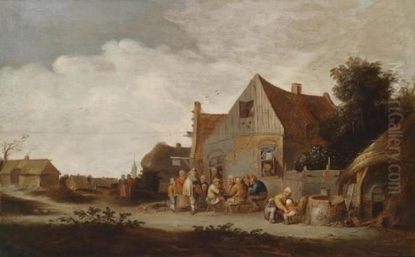 A Village Road With Peasants Outside A Tavern Oil Painting by Pieter de Bloot