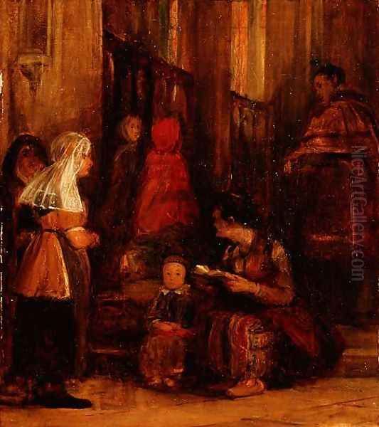 Seven Figures in a Church Oil Painting by Sir David Wilkie