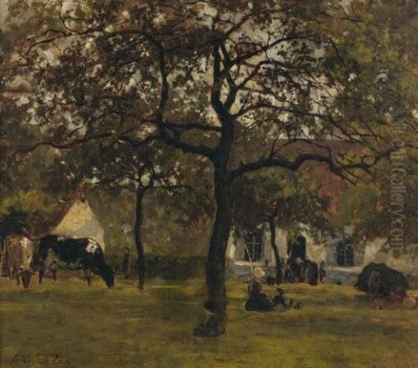 A L'ombre Des Arbres Devant La Ferme Oil Painting by Cesar De Cock