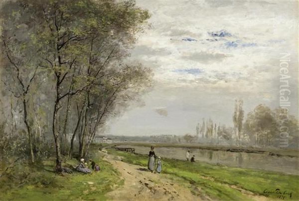 River Landscape With Figures Oil Painting by Cesar De Cock