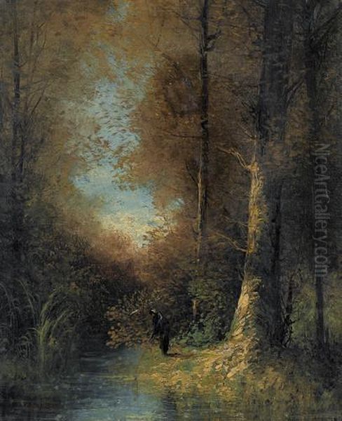 Herbstwald Mit Angler Am Bach Oil Painting by Cesar De Cock