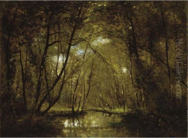 Wooded Riverscape With Figures Oil Painting by Cesar De Cock