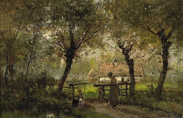 A Wooded Landscape With A Woman And Children On A Path Oil Painting by Cesar De Cock