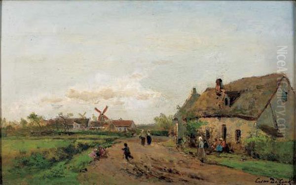 Chaumieres Et Moulin Oil Painting by Cesar De Cock