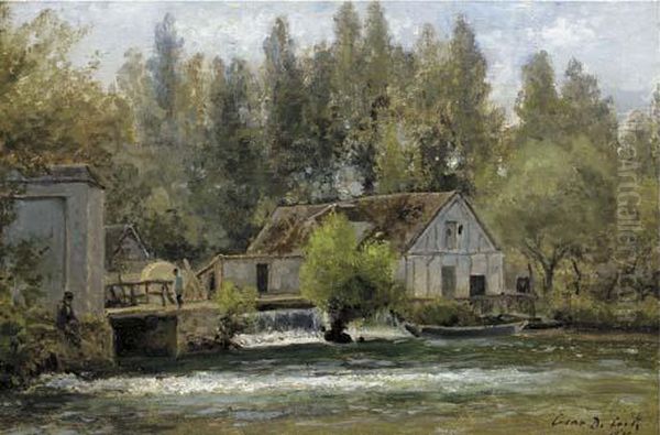 Souvenir De Gasny, Eure: Fishermen By A Watermill Oil Painting by Cesar De Cock