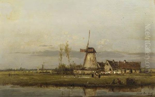 Washerwomen At Work By A Windmill Oil Painting by Cesar De Cock