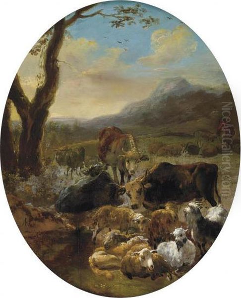 A Wooded Mountainous Landscape 
With Cattle And Sheep At Rest, A Drover Beyond, In A Feigned Oval Oil Painting by Adam Colonia