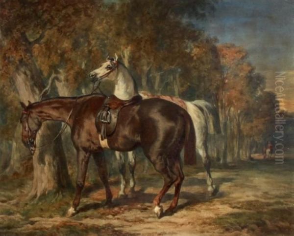 Les Chevaux Dans L'allee Oil Painting by Alfred De Dreux