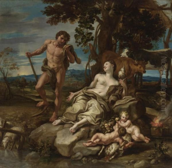 Adam And Eve With The Infants Cain And Abel Oil Painting by Lorenzo De Ferrari