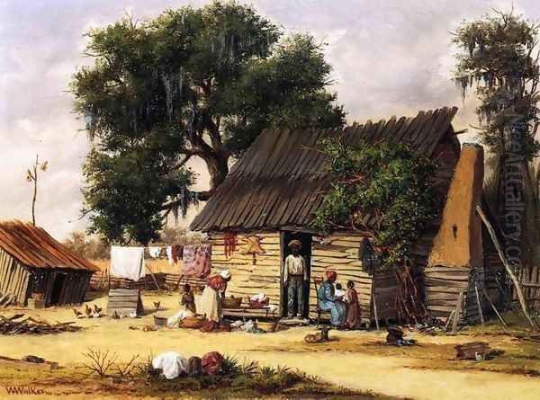 Family Gathered by a Cabin Oil Painting by William Aiken Walker