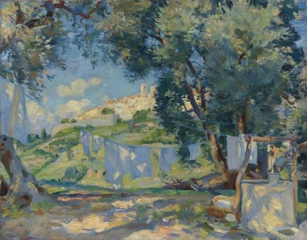 A Light Breeze, Biot, Provence With Atellier Oil Painting by Wilfred Gabriel De Glehn