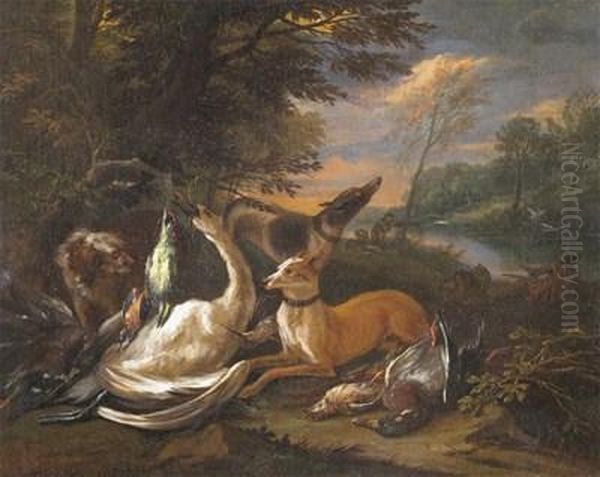 Huntsmen With Hunting Dogs And Game Oil Painting by Adriaen de Gryef